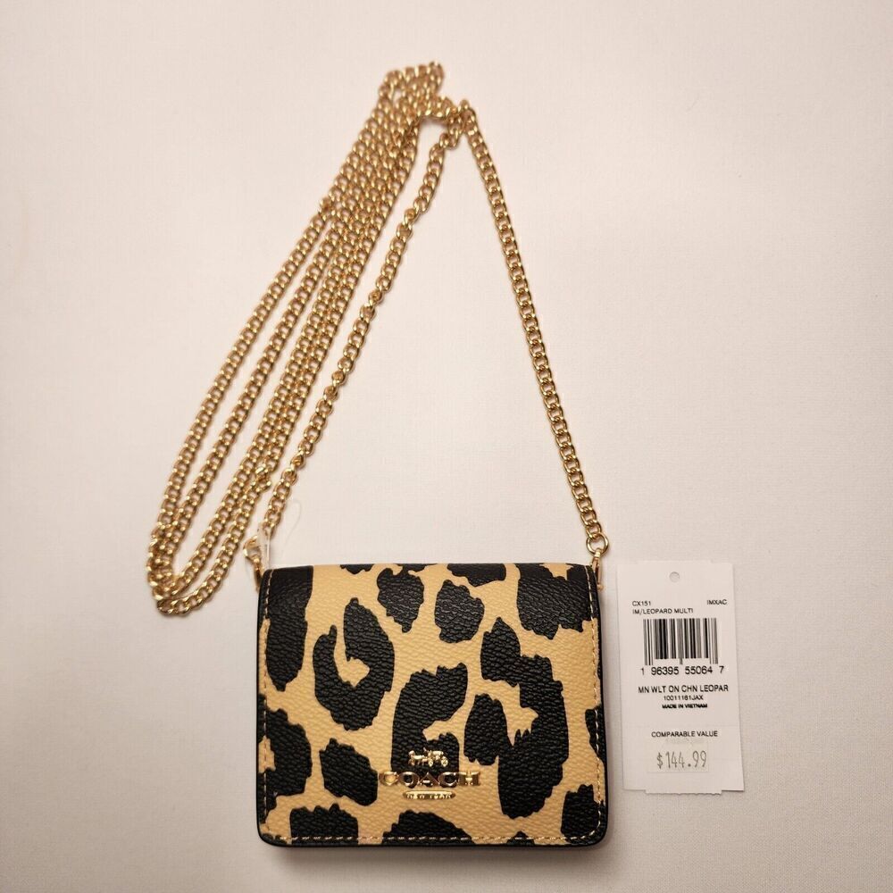 NWT COACH CX151 MINI WALLET ON A CHAIN WITH LEOPARD PRINT BAG PURSE CROSSBODY